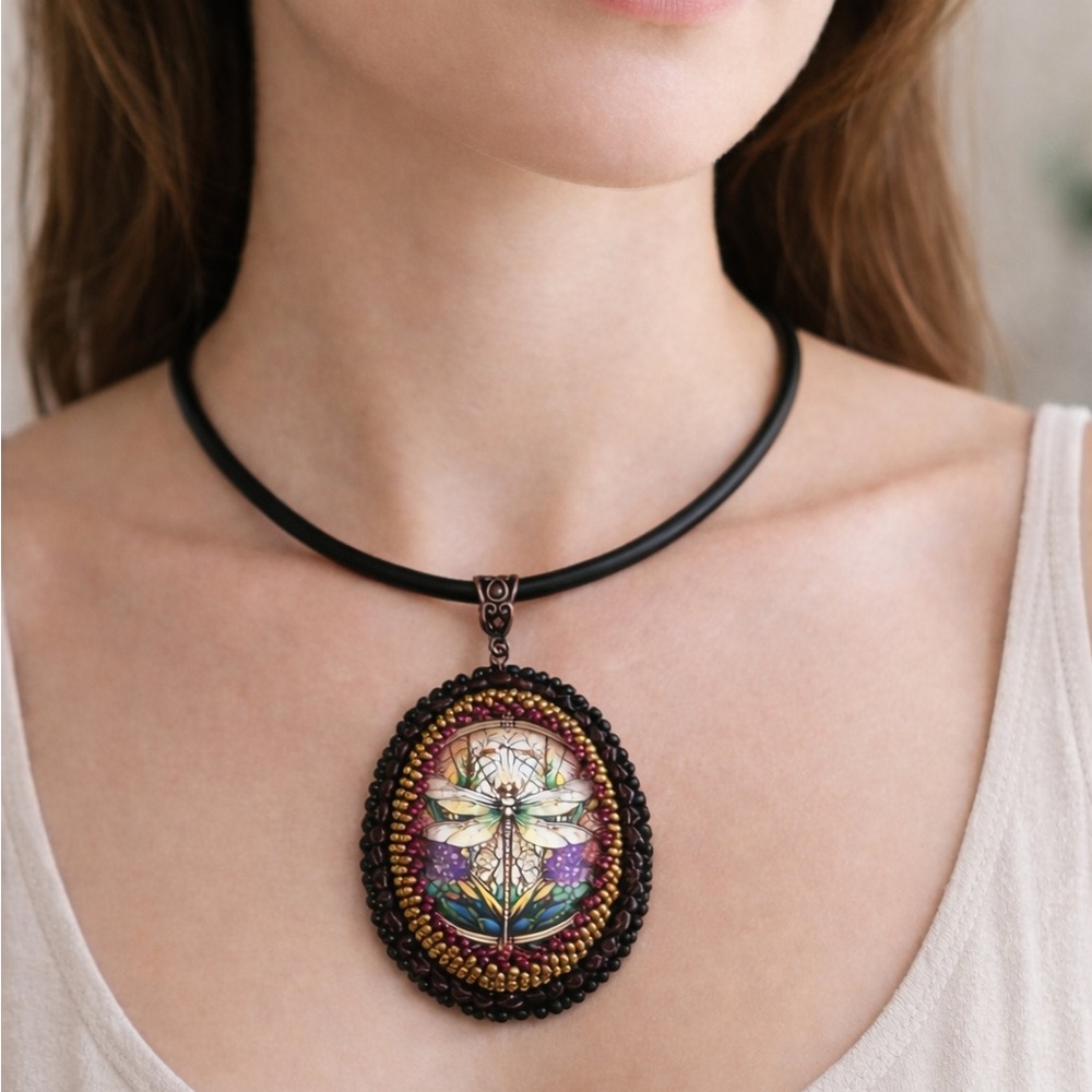 Hand Crafted Dragonfly Beaded Pendant Choker Necklace Magenta - Picture 3 of 14